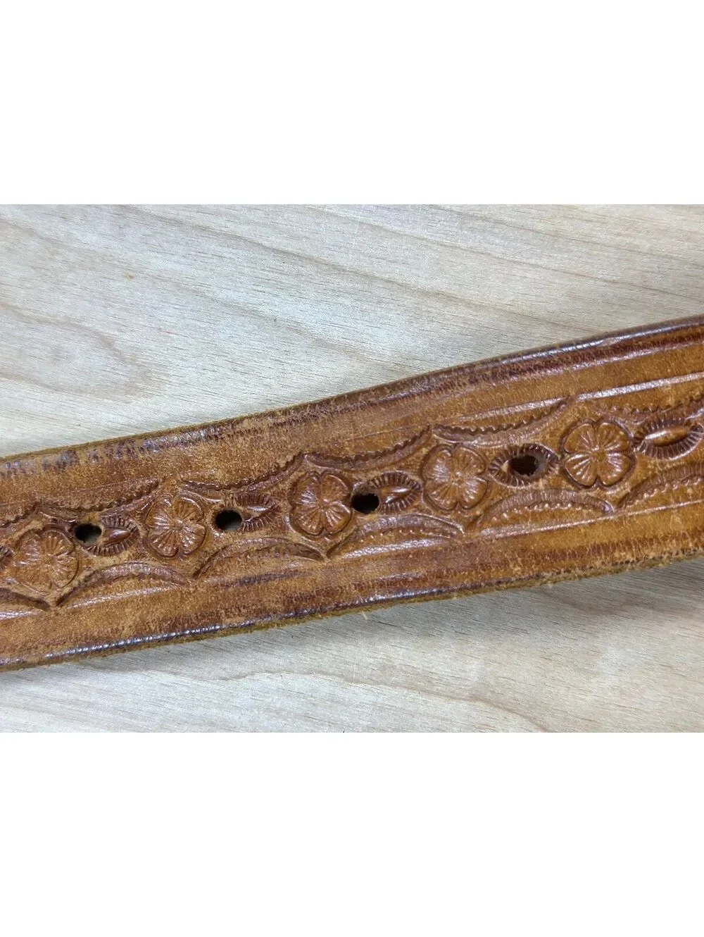 Vintage 70s Western Leather Belt 38 woven tooled floral flowers 1-3/8